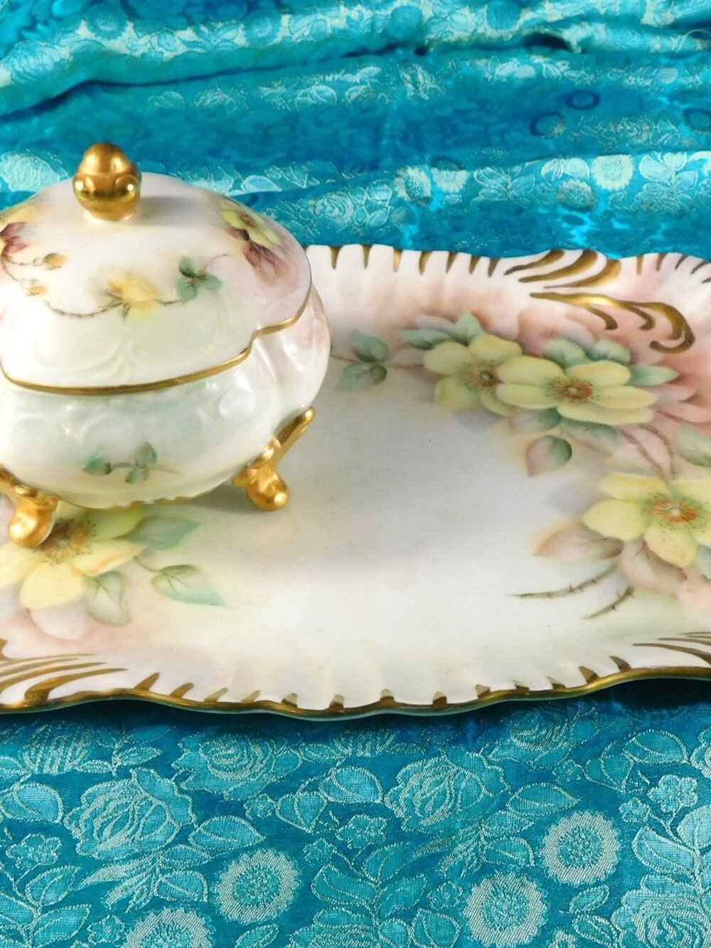 Hand Painted and Signed Vanity Tray and Covered Vanity Jar # 23678